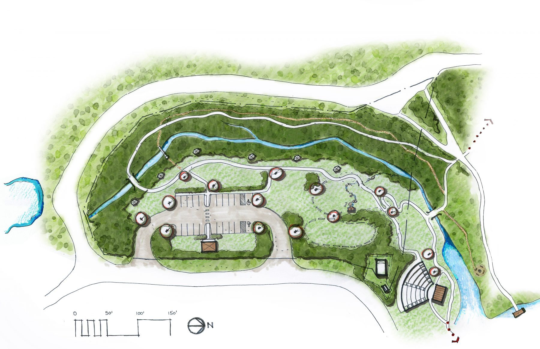 A birds eye rendering of a new park on Beech Mountain, with a small river, an amphitheater, and several amenities